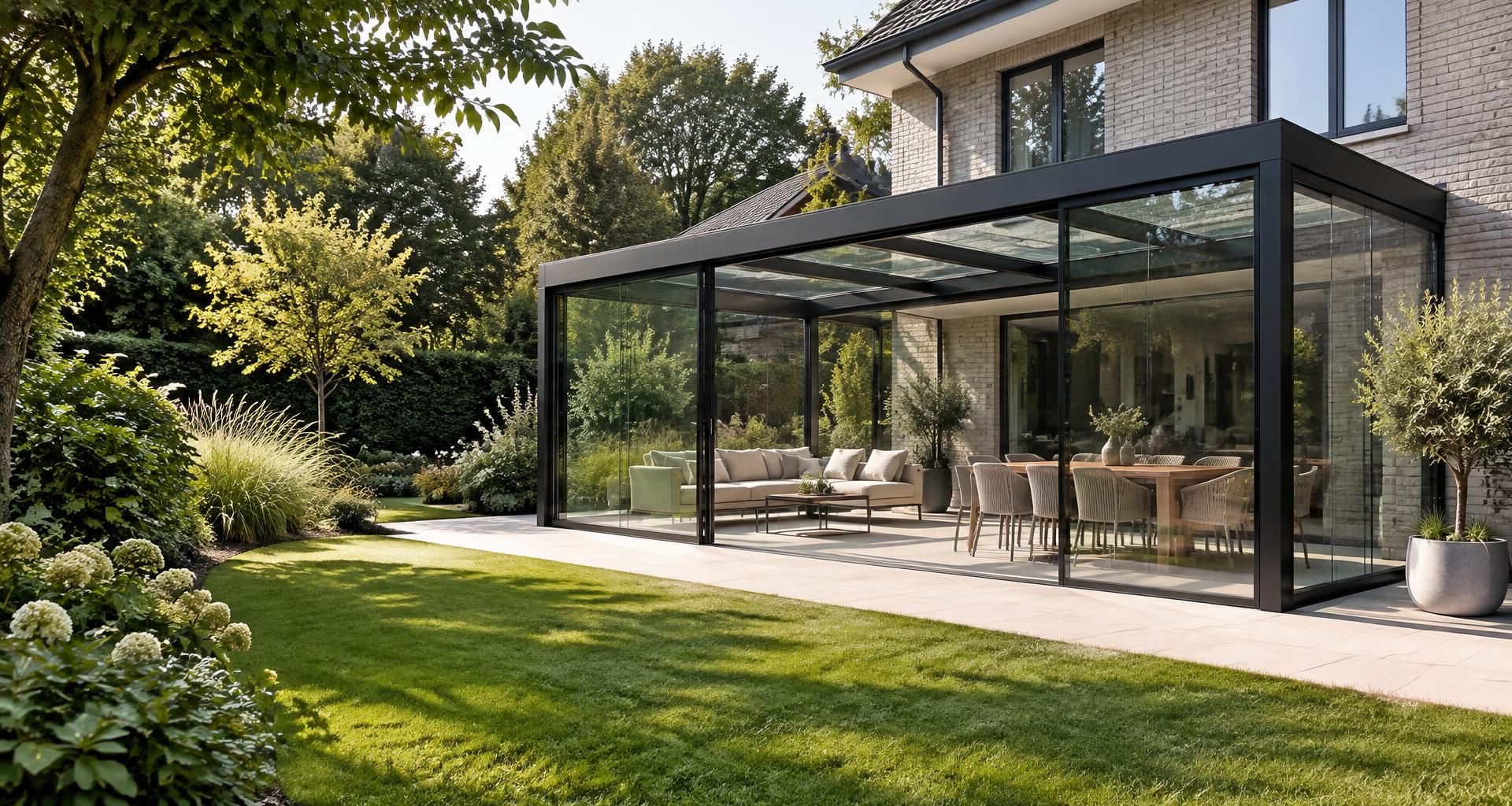 Inspiratie: een glazen veranda aan een woning in een groene tuin
